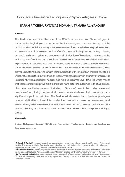 Coronavirus Prevention Techniques and Syrian Refugees in Jordan